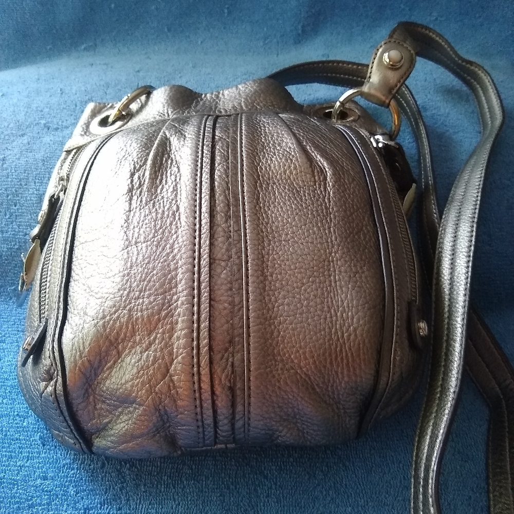 Bruce Makowsky silver metallic crossbody bag.